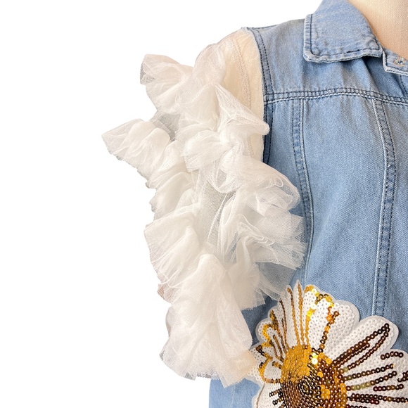 #A129  N By Nancy  Denim Vest  cottagecore  Ruffled Organza Sleeves  NWT  L - Picture 3 of 9